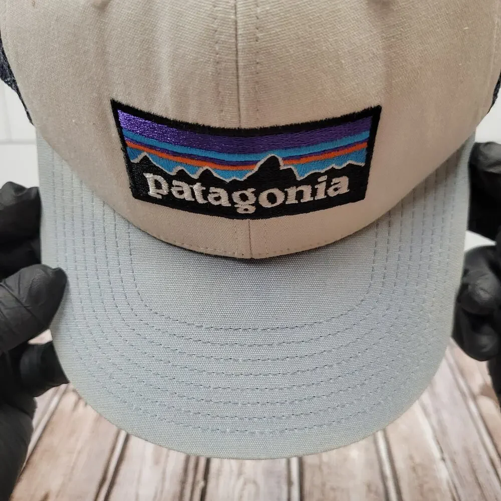 Patagonia P-6 Logo Trucker Hat Snapback White Blue Mesh Outdoor Cap